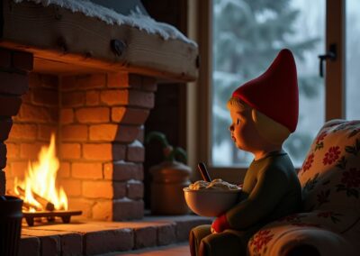 Nisse, Tomtepojken som inte gillar gröt, tittar in mot elden.